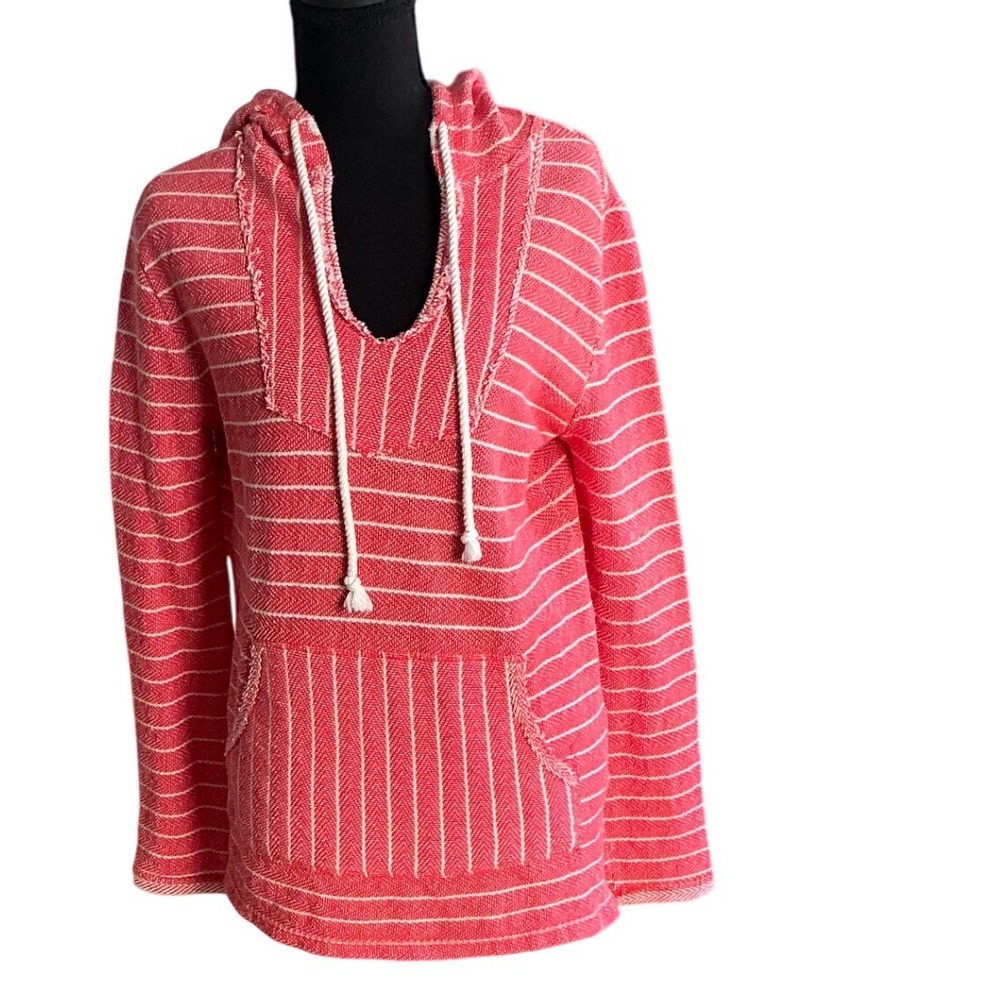 Natural Reflections Womens Coral Pink Striped Baja Hoodie Pullover Sweater M